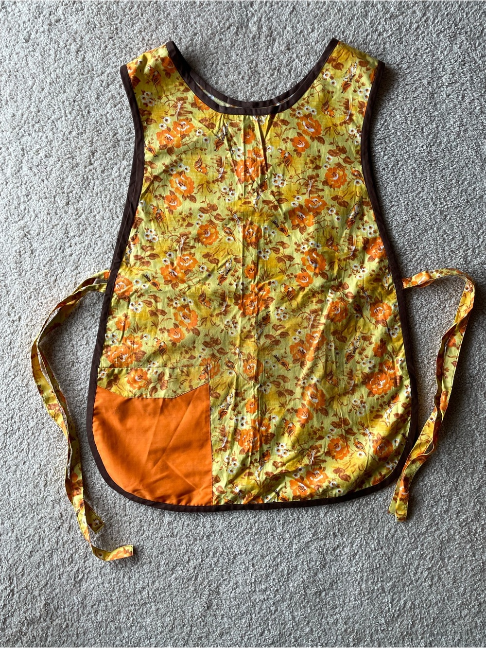 Handmade Floral 70’s Apron Vintage/Retro Yellow Orange Brown Tie One Size Pocket